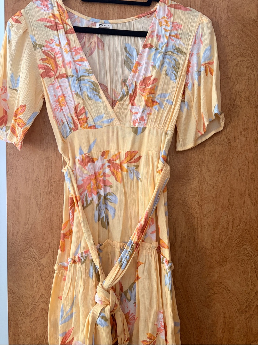 Billabong Pastel Yellow Floral Wrap Midi Dress